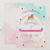 Pastel, Unicorn, Rainbow Stars Birthday Invitation Kaart (Voorkant / Achterkant)