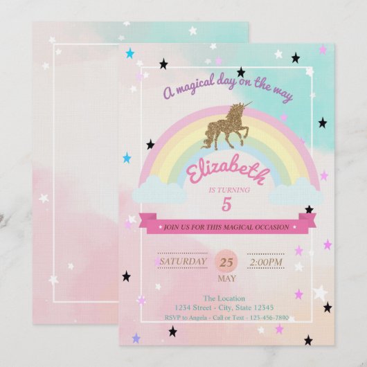 Pastel, Unicorn, Rainbow Stars Birthday Invitation Kaart (Voorkant / Achterkant)