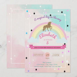 Pastel, Unicorn, Rainbow Stars Birthday Invitation Kaart