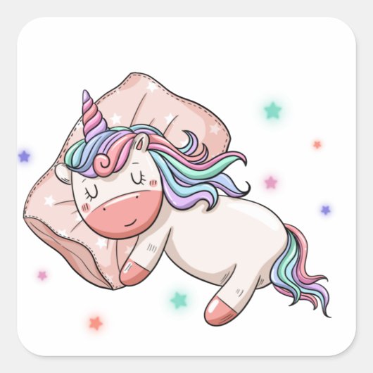 Pastel Unicorn slapen Vierkante Sticker (Voorkant)