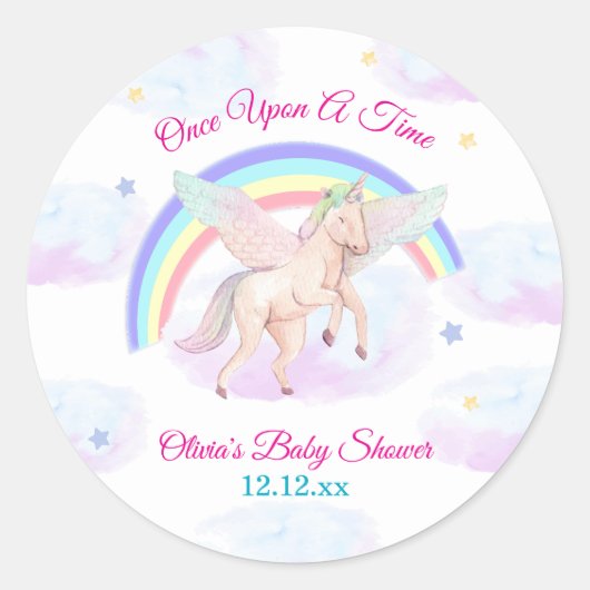 Pastel Unicorn Star Rainbow Fairytale Baby Shower Ronde Sticker (Voorkant)