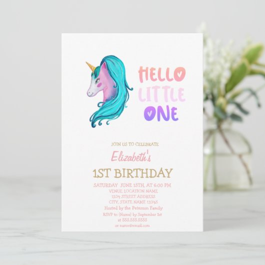 Pastel Unicorn striped Hallo Little One Birthday Kaart (Staand voorkant)