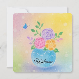 Pastel Vaas Bloemen Vlinder Kunst Kaart