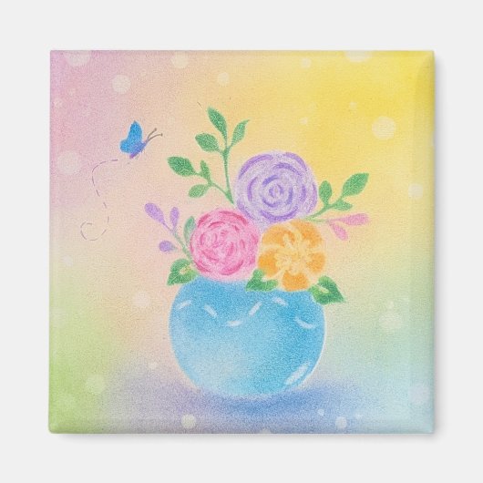Pastel Vaas Bloemen Vlinder Kunst Magneet (Voorkant)