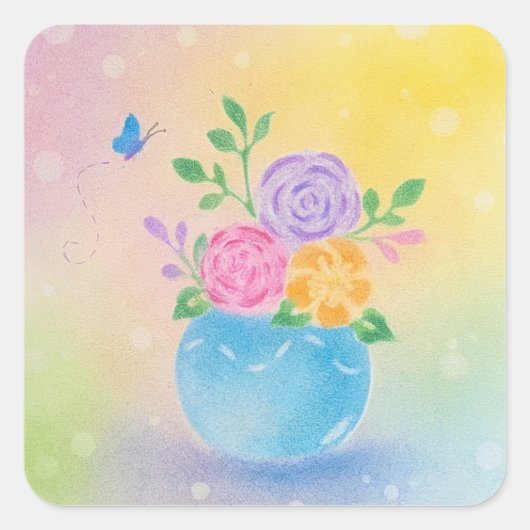 Pastel Vaas Bloemen Vlinder Kunst Vierkante Sticker (Voorkant)