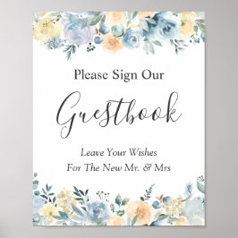 Pastel Vanilla Blue Floral Wedal Guestbook Poster
