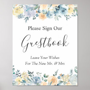 Pastel Vanilla Blue Floral Wedal Guestbook Poster