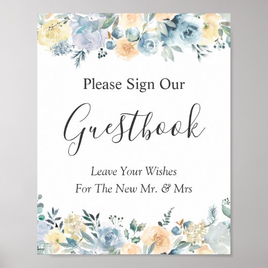 Pastel Vanilla Blue Floral Wedal Guestbook Poster (Voorkant)
