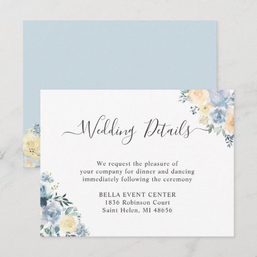 Pastel Vanilla Blue Floral Wedding Details Kaart (Voorkant / Achterkant)