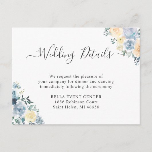 Pastel Vanilla Blue Floral Wedding Details Kaart (Voorkant)
