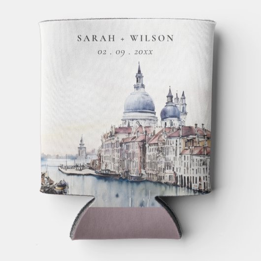 Pastel Venetië Italië Canals Waterverf Bruiloft Blikjeskoeler (Voorkant)