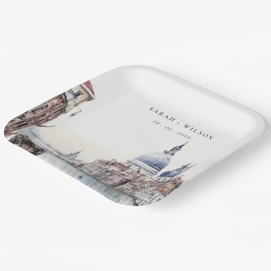 Pastel Venetië Italië Canals Waterverf Bruiloft Papieren Bordje (Gebogen)