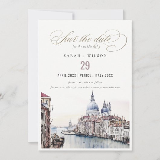Pastel Venetië Italië Canals Waterverf Bruiloft Save The Date (Voorkant)