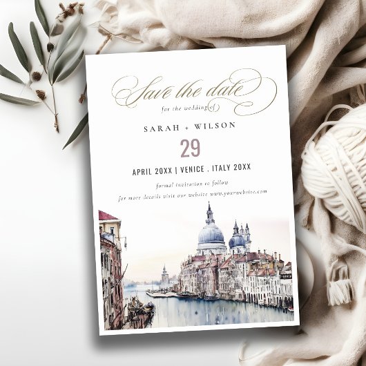 Pastel Venetië Italië Canals Waterverf Bruiloft Save The Date