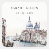 Pastel Venetië Italië Canals Waterverf Bruiloft Vierkante Sticker (Voorkant)