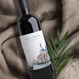 Pastel Venetië Italië Canals Waterverf Bruiloft Wijn Etiket