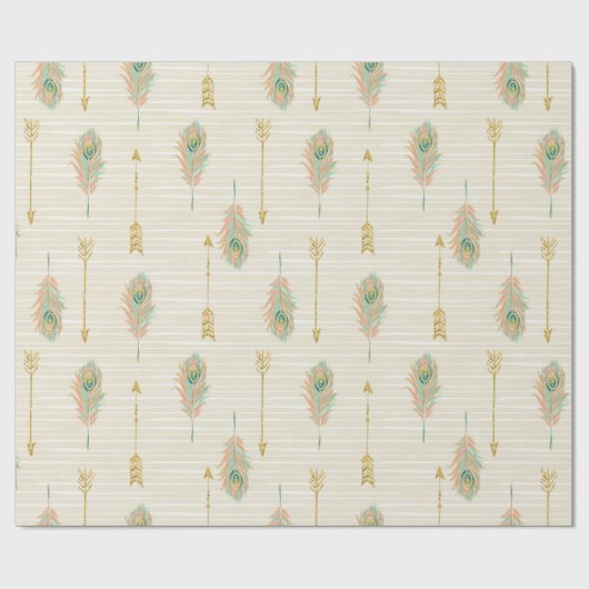 Pastel, veren en gouden pijlen, papier met schroef (Vlak)