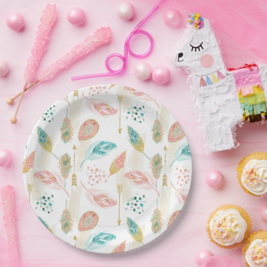 Pastel Veren Roze Blauwgroen Gouden Pijlen Papier  Papieren Bordje (Feest)