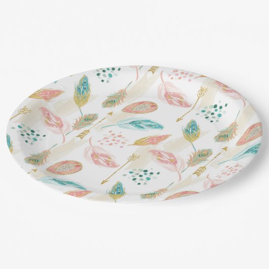 Pastel Veren Roze Blauwgroen Gouden Pijlen Papier Papieren Bordje (Gekanteld)