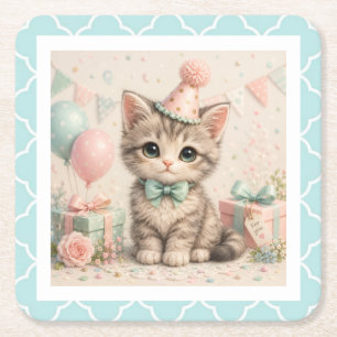 Pastel Verjaardag Kitten Illustratie Kartonnen Onderzetters