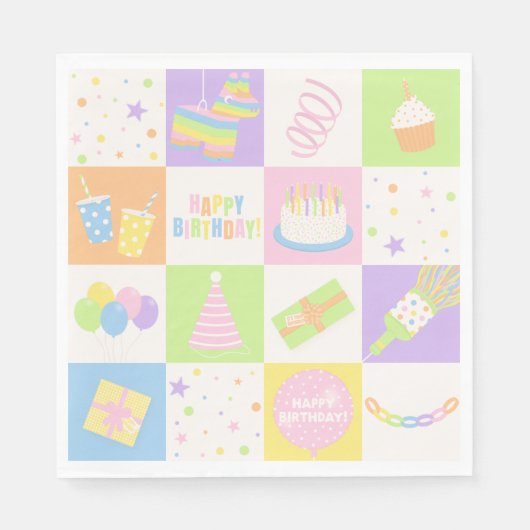 Pastel Verjaardagsiconen Servetten voor Kinderfees (Voorkant)