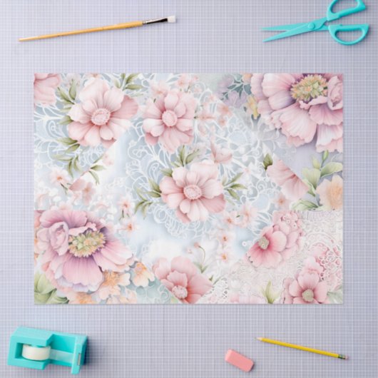 Pastel Victoriaans Bloemen & Kant Decoupage Tissuepapier (Craft)
