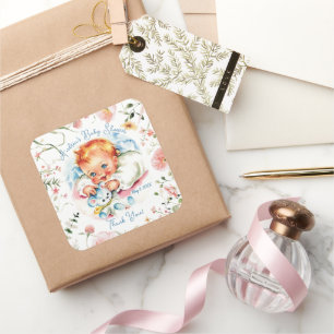 Pastel Vintage Baby Meisje Baby Shower Papieren Bo Vierkante Sticker