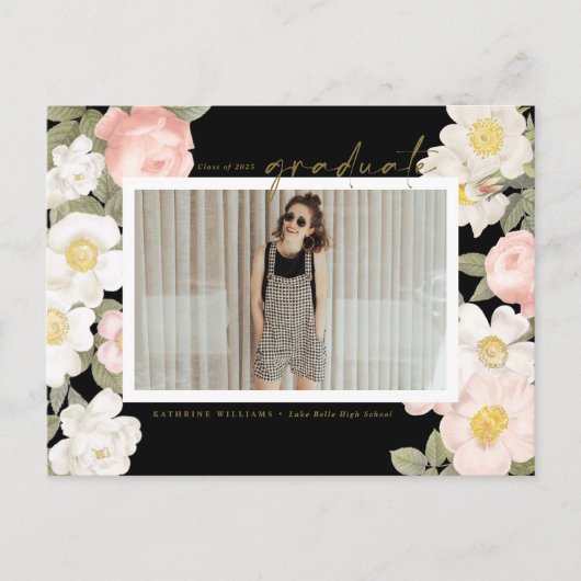 Pastel Vintage Bloemen Zwart Foto Afstuderen Briefkaart (Voorkant)