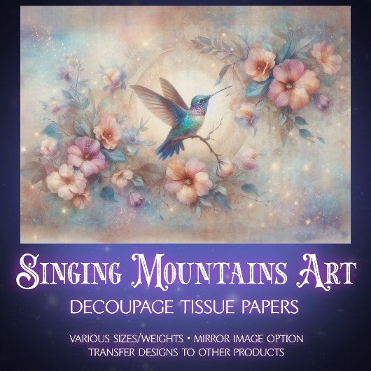 Pastel Vintage Flowers & Hummingbird Decoupage Tissuepapier