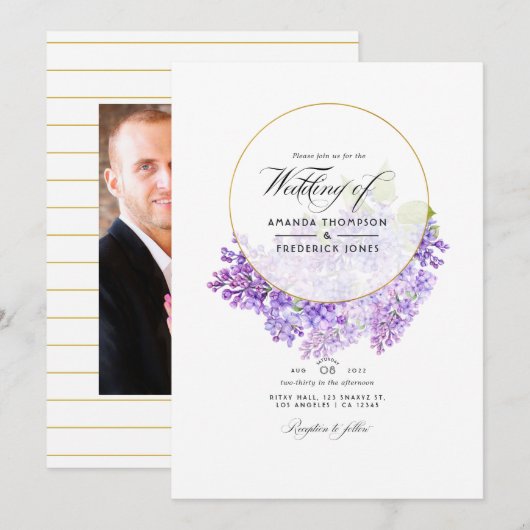 Pastel Violet and Gold Geometric Herbarium Wedding Kaart (Voorkant / Achterkant)