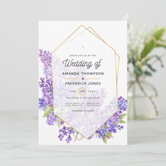 Pastel Violet and Gold Geometric Herbarium Wedding Kaart (Staand voorkant)