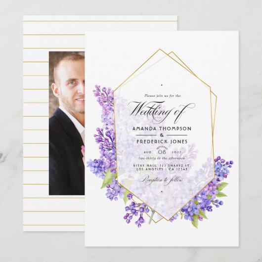 Pastel Violet and Gold Geometric Herbarium Wedding Kaart (Voorkant / Achterkant)