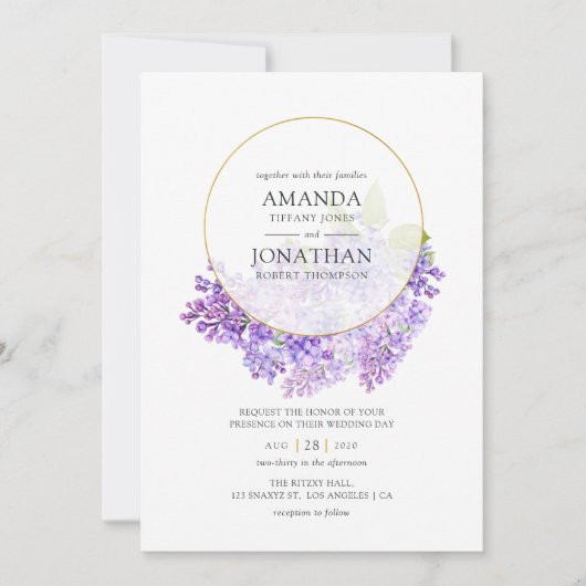 Pastel Violet and Gold Geometric Herbarium Wedding Kaart (Voorkant)