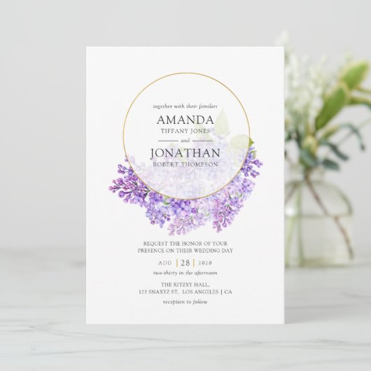 Pastel Violet and Gold Geometric Herbarium Wedding Kaart (Staand voorkant)
