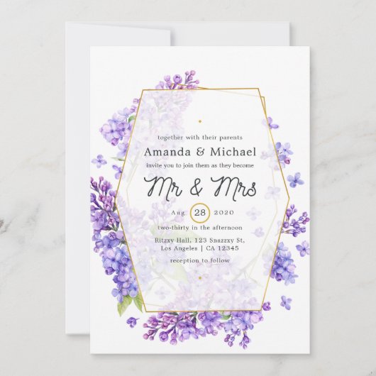 Pastel Violet and Gold Geometric Herbarium Wedding Kaart (Voorkant)