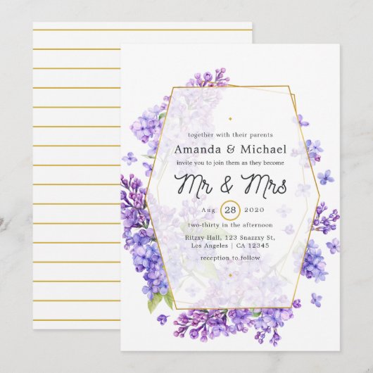 Pastel Violet and Gold Geometric Herbarium Wedding Kaart (Voorkant / Achterkant)