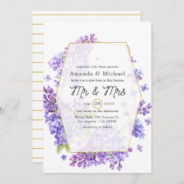 Pastel Violet and Gold Geometric Herbarium Wedding Kaart