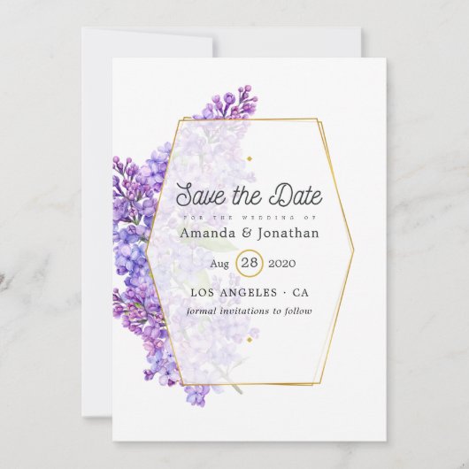 Pastel Violet and Gold Geometric Herbarium Wedding Save The Date (Voorkant)