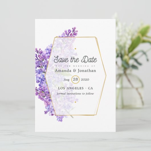 Pastel Violet and Gold Geometric Herbarium Wedding Save The Date (Staand voorkant)