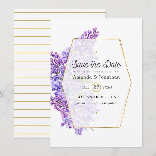Pastel Violet and Gold Geometric Herbarium Wedding Save The Date (Voorkant / Achterkant)