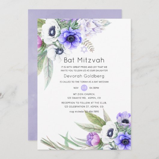 Pastel Violet en Plum Bloemen Bat Mitzvah Kaart (Voorkant / Achterkant)