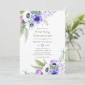 Pastel Violet en Plum Floral Heilige Communie Kaart (Staand voorkant)