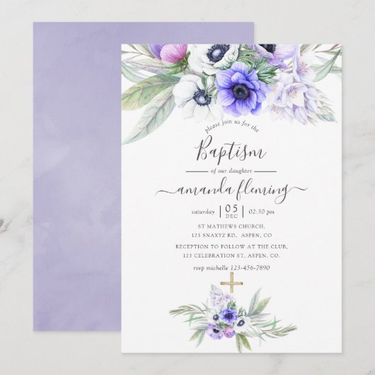Pastel Violet Floral Baptisme Kaart (Voorkant / Achterkant)