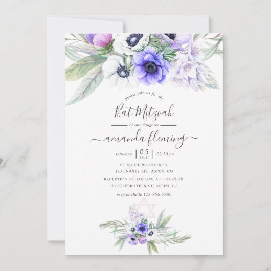 Pastel Violet Floral Bat Mitzvah Kaart (Voorkant)