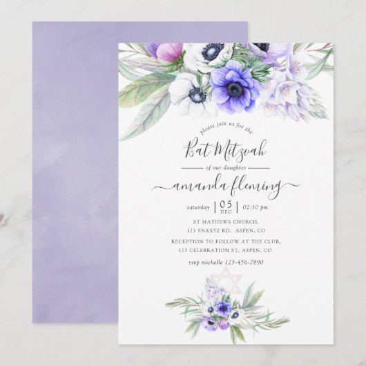 Pastel Violet Floral Bat Mitzvah Kaart (Voorkant / Achterkant)