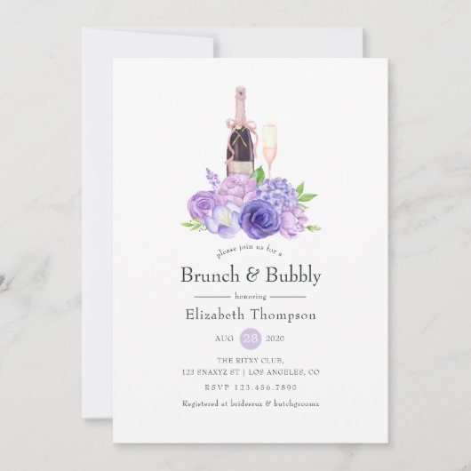 Pastel Violet Floral Brunch en bubbelbaar Vrijgeze Kaart (Voorkant)