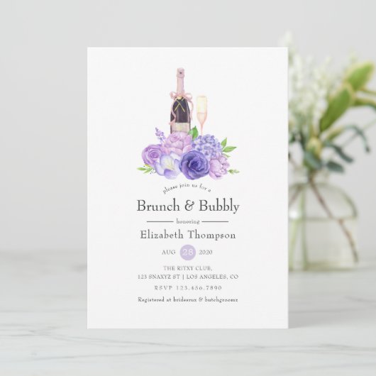 Pastel Violet Floral Brunch en bubbelbaar Vrijgeze Kaart (Staand voorkant)