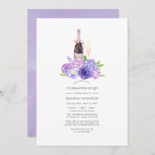 Pastel Violet Floral Champagne Celebration of Life Kaart (Voorkant / Achterkant)