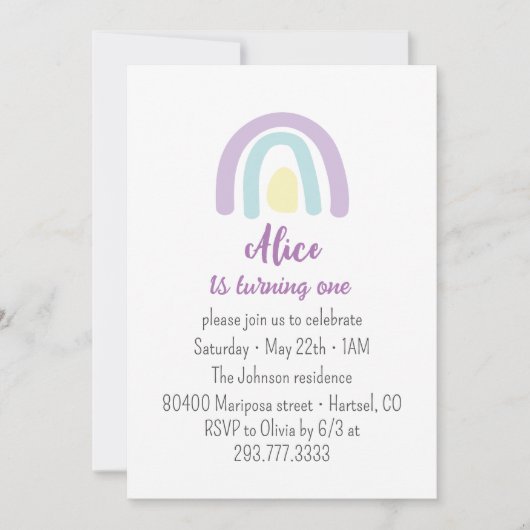 Pastel violet, lila regenboog Birthday party Aankondiging (Voorkant)