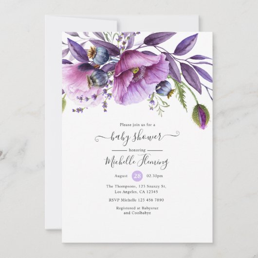 Pastel Violet Poppy Floral Baby shower Kaart (Voorkant)